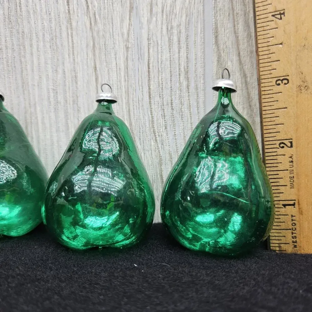 Vintage Green Blown Glass Pear‎ Christmas Ornaments Lot Set of 3 Holiday Decor